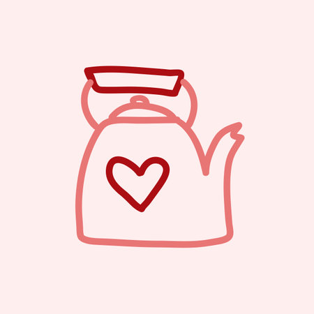 Valentines Day theme doodle Vector icon of hand drawn teapot with heart shape on a pink background.のイラスト素材