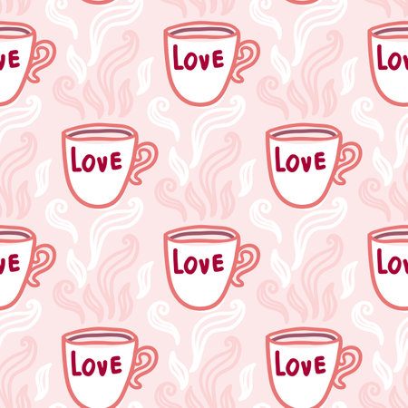 Valentines Day theme doodle Vector seamless pattern of hand drawn two cups of tea of coffee with heart shape.のイラスト素材