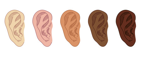Set of Hand Drawn Ear Sketch Symbol with different skin color. Vector Listen Element In doodle Style...