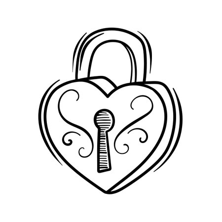 Valentines Day theme doodle Vector icon of hand drawn lock with heart shape on a white background.のイラスト素材