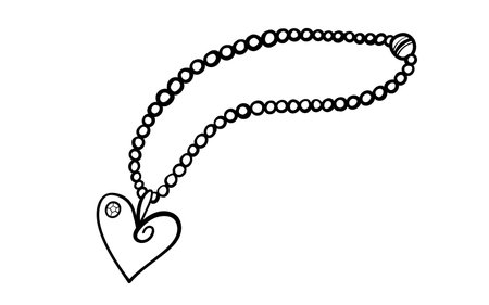 Pearl necklace with heart shaped pendant in doodle style. Hand drawn vector illustration in black ink isolated on white background. Great for coloring book.のイラスト素材