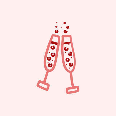 Pair of champagne glasses, set of sketch style vector illustration isolated on pink background. Hand drawn glasses with bubbly champagne, cheers, holiday toastのイラスト素材