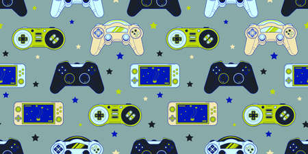 Vector Seamless Retro pattern with joysticks. Video game controller gaming cool print for boys and...