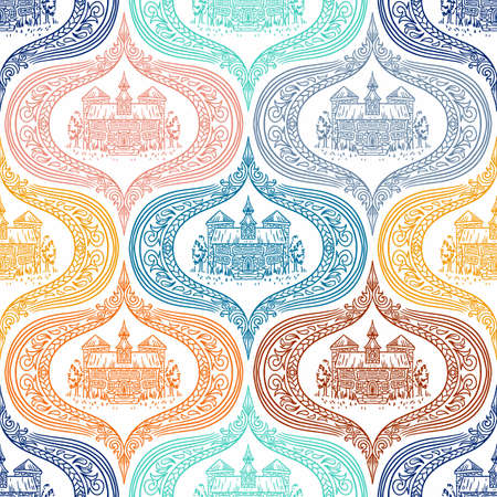 Vector Retro seamless pattern design - colorful nostalgic repeat abstract background for textile, wallpaper, and wrapping paper. Decorative ornament in vintage design flat styleのイラスト素材