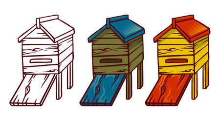 Honey hand drawn decorative icons with hive. Color and line isolated vector inl illustrationのイラスト素材
