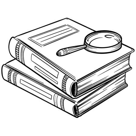 vector hand drawn two books withmagnifying glass in doodle style. closed books isoleted on whiteのイラスト素材