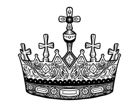 Hand drawn crown. Luxury crowns sketch, queen or king coronation doodle and majestic princess tiara. Monarchs queen diadem. Isolated vintage illustration symbolのイラスト素材