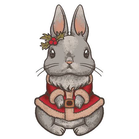 Clip art with cute new year rabbit in vintage style, Texture print. Santa Claus costume. Christmas Vector illustration of animalのイラスト素材