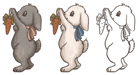 Clip art with cute new year rabbit in vintage style, Texture print. Santa Claus costume. Christmas Vector illustration of animalのイラスト素材