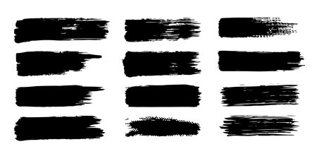 Collection of grunge-style black brush strokes with rough textures and paint edges, isolated on white backgroundのイラスト素材