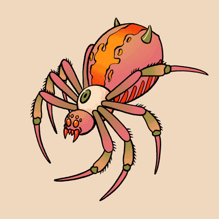 Futuristic mutant spider with horns and fangs in horror cartoon style, warm tones, retro comic shading, isolated on beige backgroundのイラスト素材