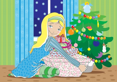 	Happy blond girl with christmas giftsのイラスト素材