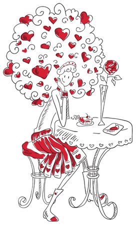 A girl at a table in a cafe. In loveのイラスト素材