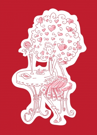 A girl at a table in a cafe. In loveのイラスト素材