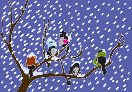 Birds are freezing on the treeのイラスト素材