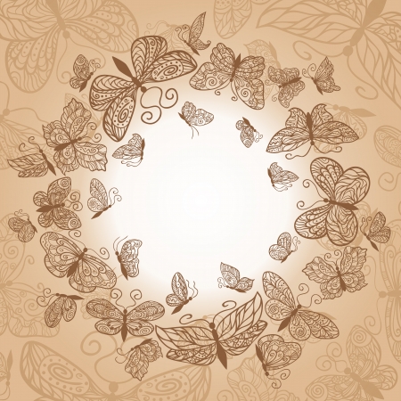 Beige circle background with brown butterflies.のイラスト素材