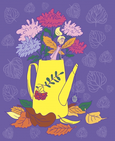 	Watering can with flowers  Lying autumn leaves  Little Autumn Fairy のイラスト素材