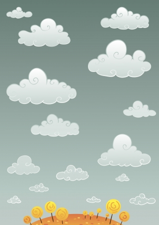 	Background  The sky with clouds  At the bottom of some grass and small trees のイラスト素材