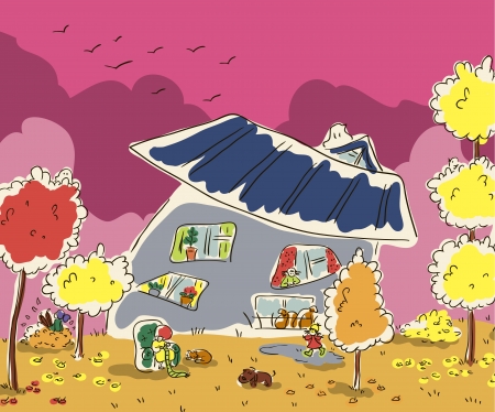 Fall  Evening glow  Slipping cat  Walking dog  Knitting woman  Boy falling into a pile of leaves  Girl shod in rubber boots and slap on a puddle  Two ghosts  Skewed home のイラスト素材