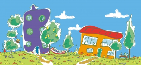 Town in the summer  Girl jumping rope  A man lies in a hammock  The girl is reading  Women drink tea のイラスト素材