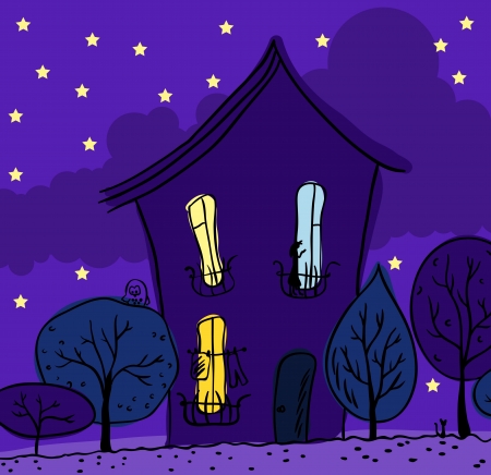 Night view  House, trees, bright window のイラスト素材
