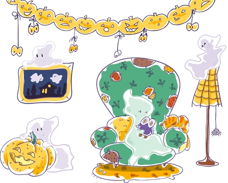 Halloween ghost  Decorations of paper pumpkins のイラスト素材