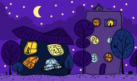 	Night view  Two houses, trees, bright window のイラスト素材