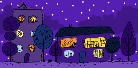 Night view  Two houses, trees, bright window のイラスト素材