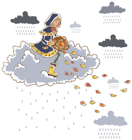 	Girl on rain cloud strews autumn leaves のイラスト素材