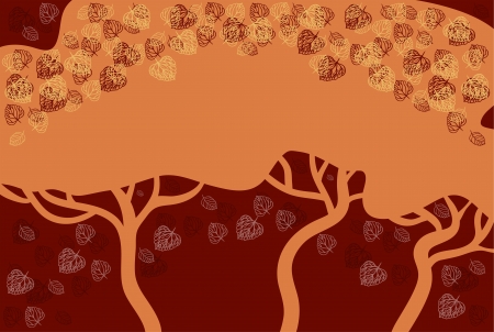 	Abstract red and orange background  The dark trees against a bright background  Leaves flying around the treesのイラスト素材