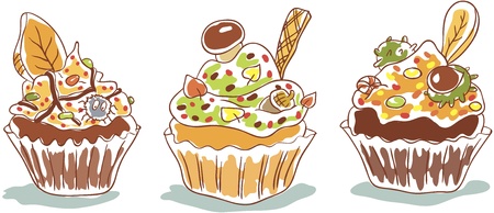 Three autumn decorated cupcakesのイラスト素材