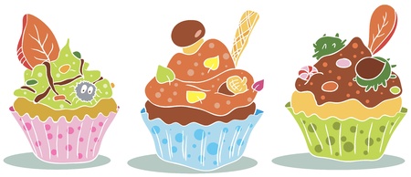 Three autumn decorated cupcakesのイラスト素材