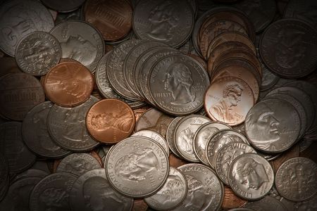 American coins pennies, nickels, dimes and quarters.の写真素材