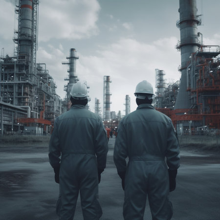 the workers in an oil refinery are a vital part of the global energy system. Through their hard work and dedication, they help to power the world and keep our modern society moving forward.AI generatedの素材
