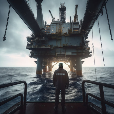 Working on an oil drilling platform in the middle of the sea is no easy feat. Engineers and staff are faced with the constant challenge of keeping the platform running smoothly and safely while contending with the harsh and unpredictable conditions of the open ocean.AI generatedの素材