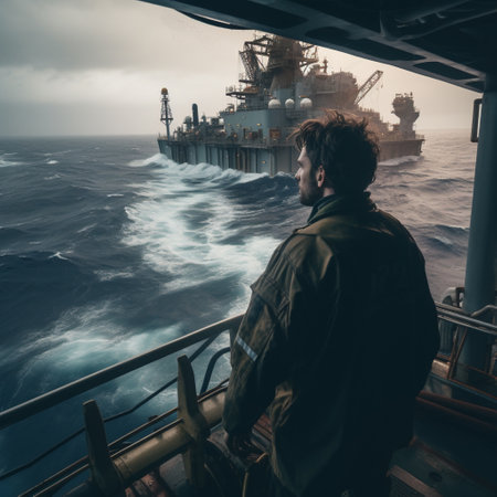 Working on an oil drilling platform in the middle of the sea is no easy feat. Engineers and staff are faced with the constant challenge of keeping the platform running smoothly and safely while contending with the harsh and unpredictable conditions of the open ocean.AI generatedの素材