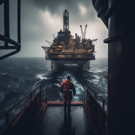 Working on an oil drilling platform in the middle of the sea is no easy feat. Engineers and staff are faced with the constant challenge of keeping the platform running smoothly and safely while contending with the harsh and unpredictable conditions of the open ocean.AI generatedの素材