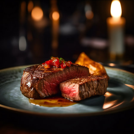 Steak is a popular and delicious food enjoyed around the world, known for its rich flavor and tender texture. Made from cuts of beef, steak can be cooked in a variety of ways, including grilling, broiling, or pan-searing. It is often served with a variety of sides, such as roasted vegetables, potatoes, or a fresh salad.generative aiの素材