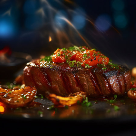 Steak is a popular and delicious food enjoyed around the world, known for its rich flavor and tender texture. Made from cuts of beef, steak can be cooked in a variety of ways, including grilling, broiling, or pan-searing. It is often served with a variety of sides, such as roasted vegetables, potatoes, or a fresh salad.generative aiの素材
