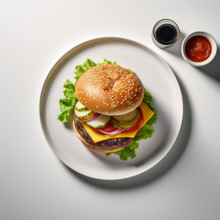 The hamburger is an iconic and beloved food that has become synonymous with American cuisine. Comprised of a juicy beef patty nestled between two soft buns, the hamburger is a culinary masterpiece that can be customized with an array of toppings and condiments to suit individual preferences.generative aiの素材