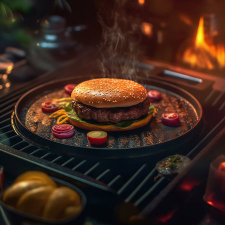 The hamburger is an iconic and beloved food that has become synonymous with American cuisine. Comprised of a juicy beef patty nestled between two soft buns, the hamburger is a culinary masterpiece that can be customized with an array of toppings and condiments to suit individual preferences.generative aiの素材