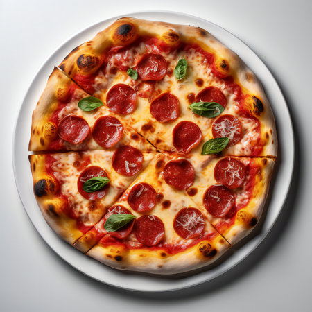 Pepperoni pizza is the epitome of classic comfort food, loved by pizza enthusiasts worldwide. With its thin or thick crust, generous layer of tangy tomato sauce, melty cheese, and perfectly spiced pepperoni slices, each bite is a symphony of flavors.generative aiの素材