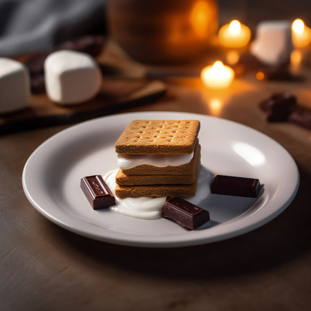 S'mores are a delightful treat that combines the simple pleasures of melted chocolate, gooey marshmallows, and crunchy graham crackers. This classic campfire dessert has become a beloved symbol of summertime and outdoor adventures.generative aiの素材
