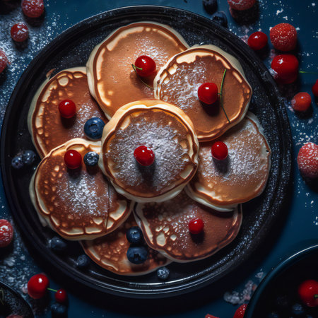 Pancakes, with their golden-brown perfection and airy texture, are a breakfast classic that brings smiles to faces of all ages. These delightful discs of deliciousness offer a simple yet satisfying experience, enticing taste buds with their versatility and comforting flavors.generative aiの素材