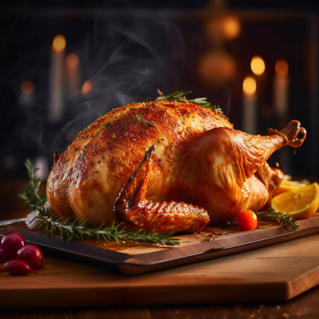 Roasted turkey, with its golden, crispy skin and tender, juicy meat, is the centerpiece of festive gatherings and cherished traditions. This magnificent bird embodies the spirit of celebration, offering a succulent and flavorful experience that brings joy to every plate.generative aiの素材