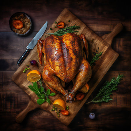Roasted turkey, with its golden, crispy skin and tender, juicy meat, is the centerpiece of festive gatherings and cherished traditions. This magnificent bird embodies the spirit of celebration, offering a succulent and flavorful experience that brings joy to every plate.generative aiの素材