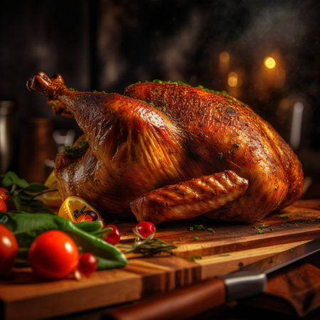 Roasted turkey, with its golden, crispy skin and tender, juicy meat, is the centerpiece of festive gatherings and cherished traditions. This magnificent bird embodies the spirit of celebration, offering a succulent and flavorful experience that brings joy to every plate.generative aiの素材