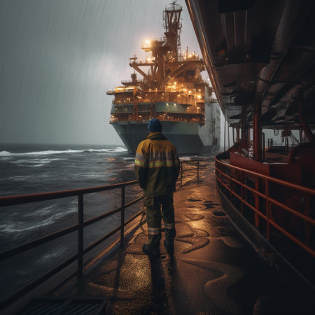 Working on an oil drilling platform in the middle of the sea is no easy feat. Engineers and staff are faced with the constant challenge of keeping the platform running smoothly and safely while contending with the harsh and unpredictable conditions of the open ocean.AI generatedの素材