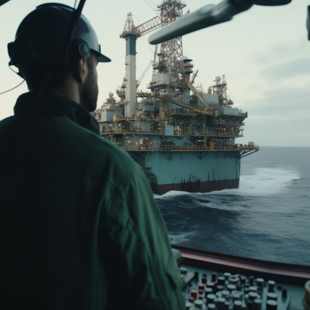 Working on an oil drilling platform in the middle of the sea is no easy feat. Engineers and staff are faced with the constant challenge of keeping the platform running smoothly and safely while contending with the harsh and unpredictable conditions of the open ocean.AI generatedの素材