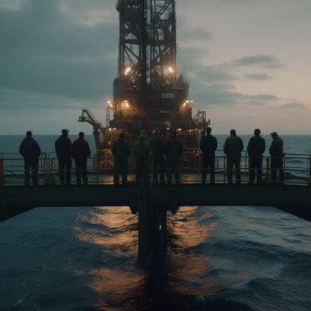 Working on an oil drilling platform in the middle of the sea is no easy feat. Engineers and staff are faced with the constant challenge of keeping the platform running smoothly and safely while contending with the harsh and unpredictable conditions of the open ocean.AI generatedの素材